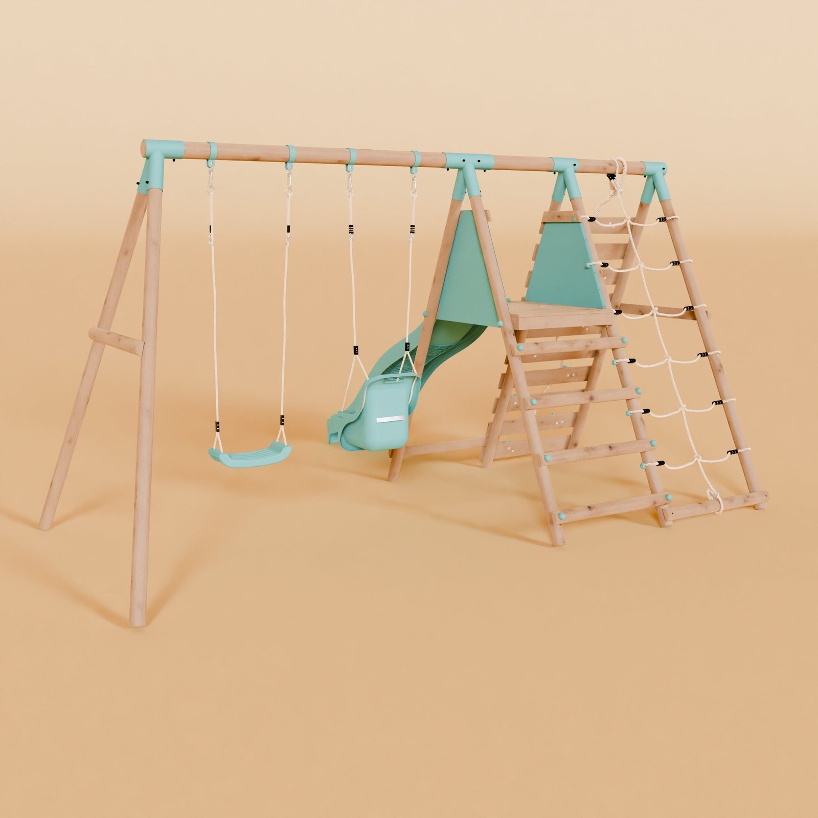 Double Wooden Swing Set with Baby Swing, Climbing Wall and Slide - Stagwood II - Image 5