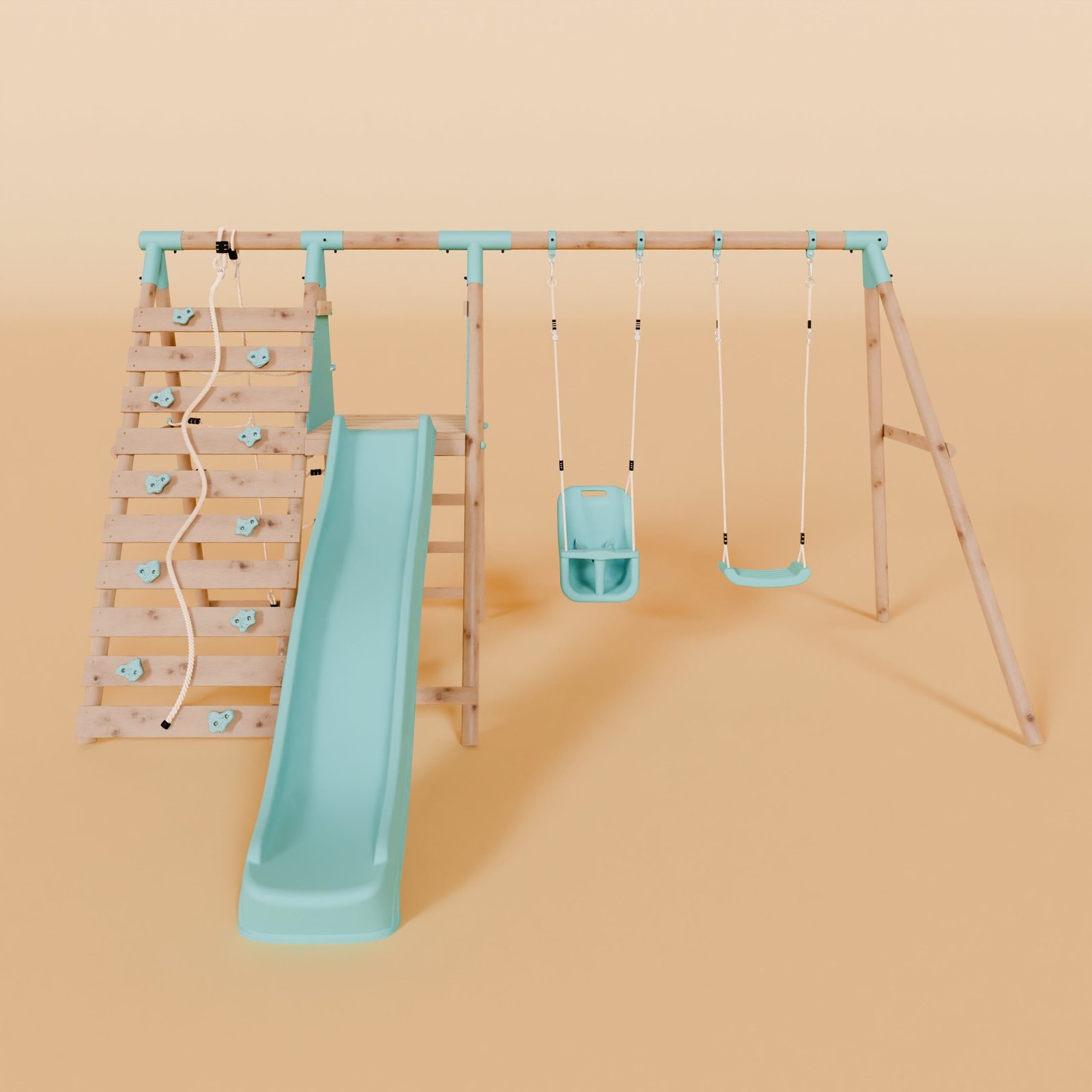 Double Wooden Swing Set with Baby Swing, Climbing Wall and Slide - Stagwood II - Image 3