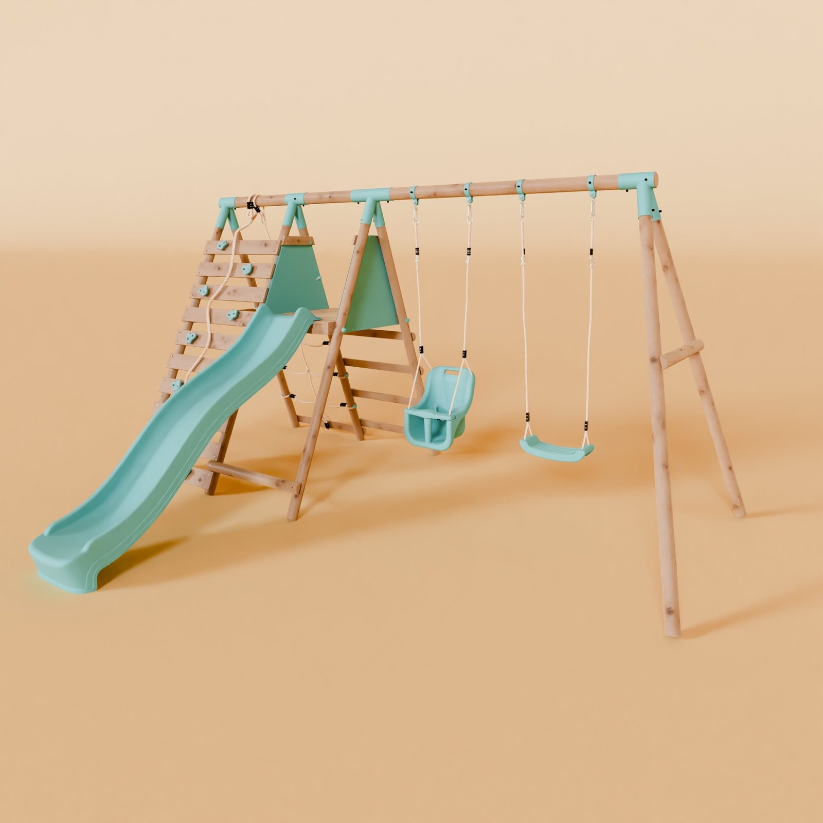 Double Wooden Swing Set with Baby Swing, Climbing Wall and Slide - Stagwood II - Image 2