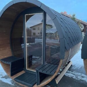 500cm Spruce Barrel Sauna | Thermowood | Terrace | Wood-Fired or Electric | Layzee Living