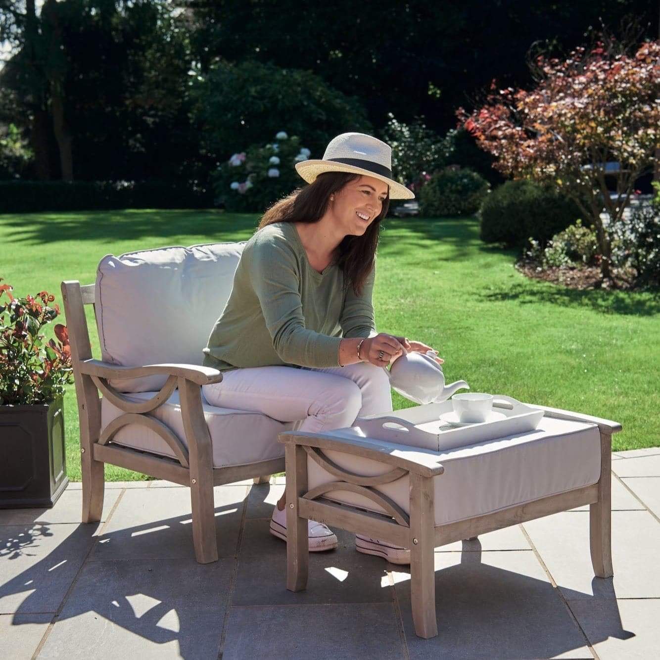 Acacia Hardwood Outdoor Armchair & Stool Set - Image 2