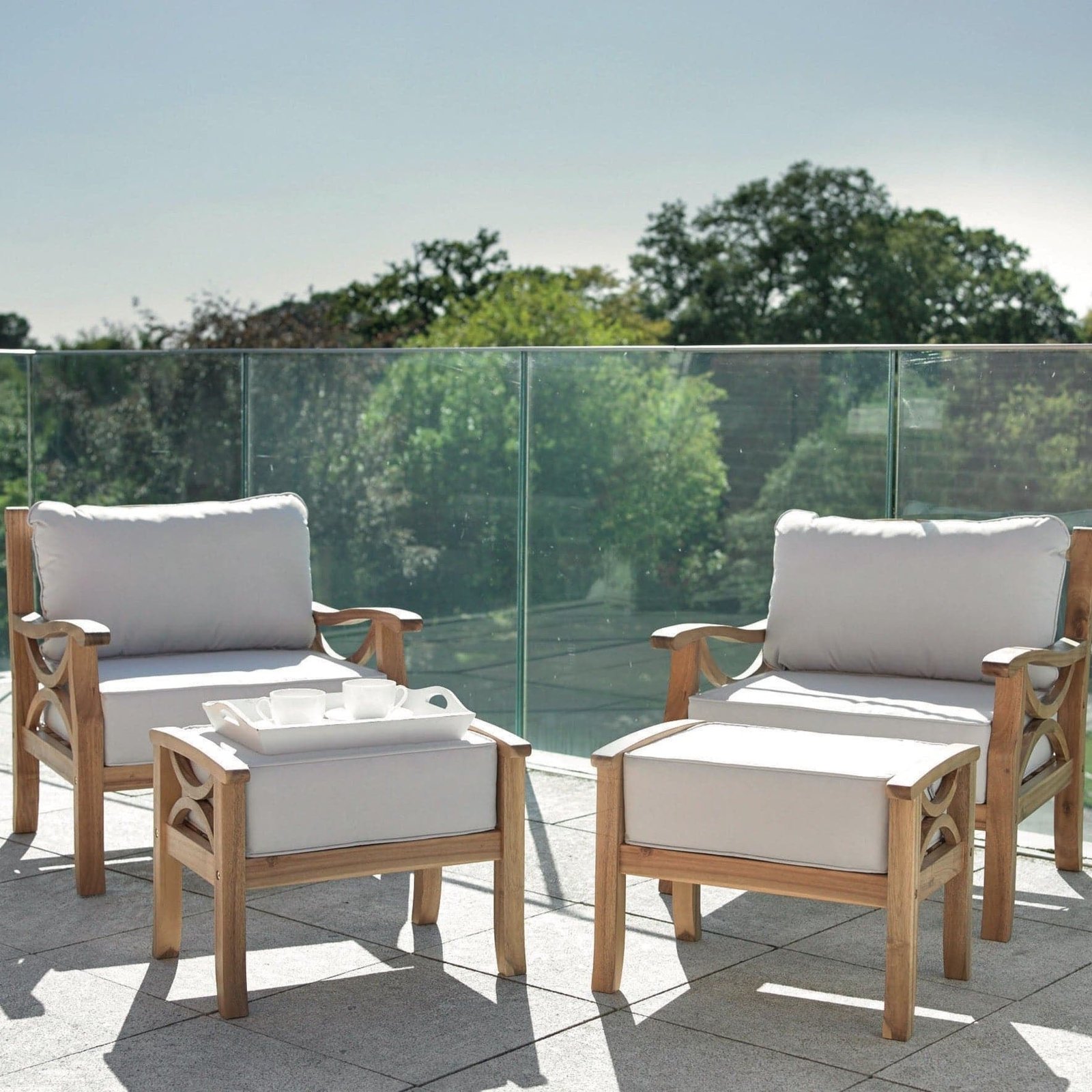 Acacia Hardwood Outdoor Armchair & Stool Set - Image 5
