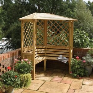 Corner Garden Arbour with Slanted Roof and side trellis, Tanalised Timber