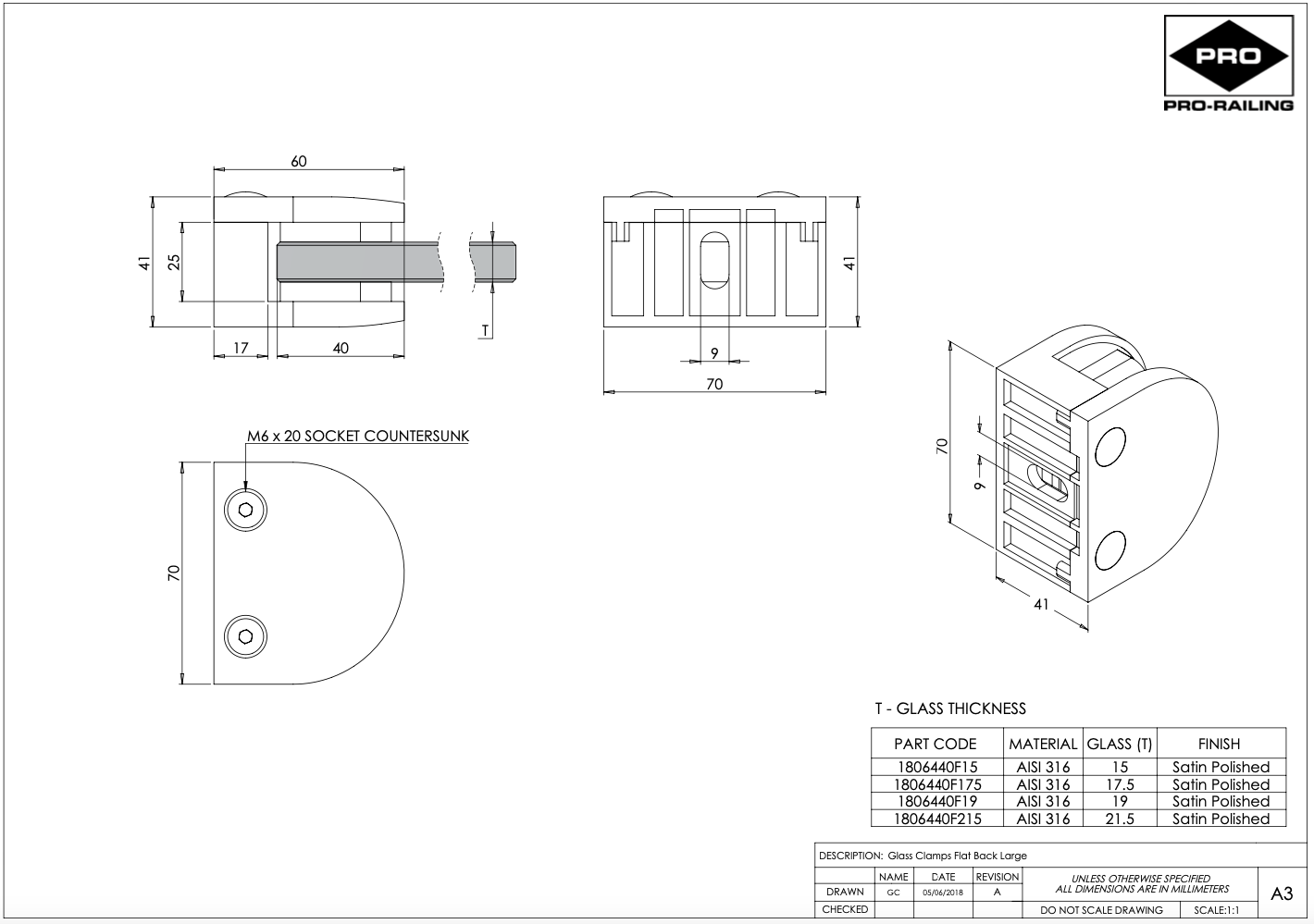 Large Glass Clamp for 15mm, 17.5mm & 19mm Glass For Flat Fixing - 316 Grade - Image 2