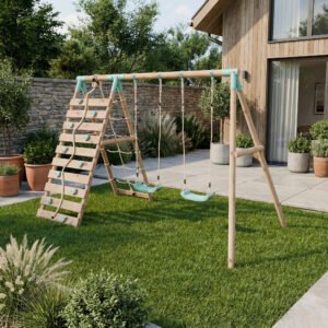 Double Wooden Swing Set With Climbing Wall - Boulder Brook I