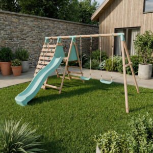 Double Wooden Swing Set with Climbing Wall and Slide - Stagwood I