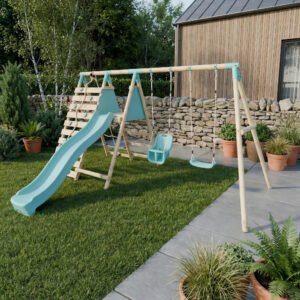 Double Wooden Swing Set with Baby Swing, Climbing Wall and Slide - Stagwood II