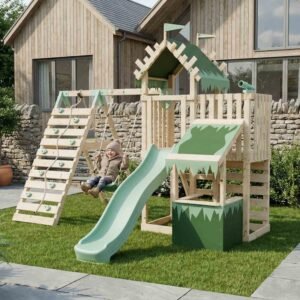 Extended Climbing Frame With Single Swing & Climbing Wall With Shop - Wildroot Ridge V