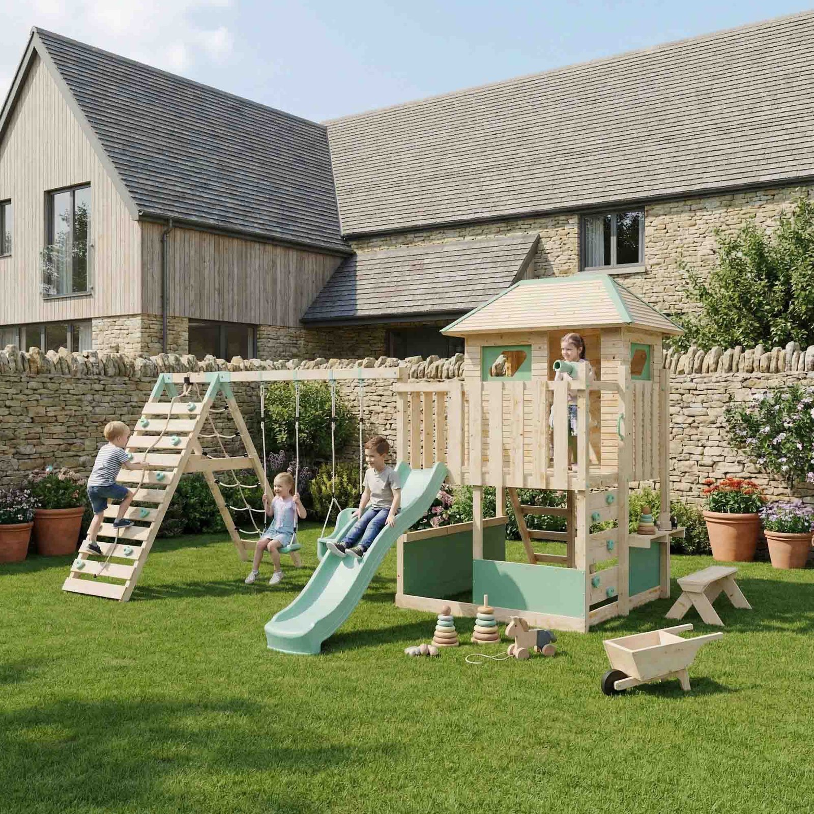 LittleSummit Tower with Large Playhouse, Double Swing & Climbing Wall - Image 2