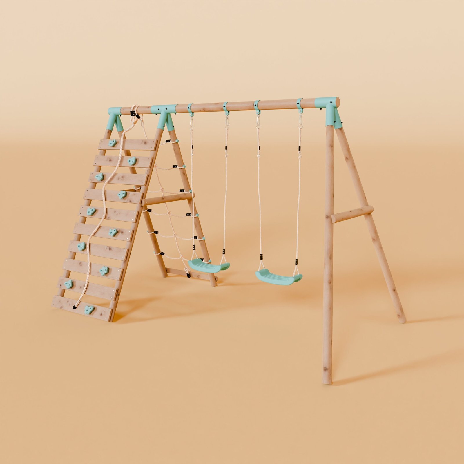 Double Wooden Swing Set With Climbing Wall - Boulder Brook I - Image 2