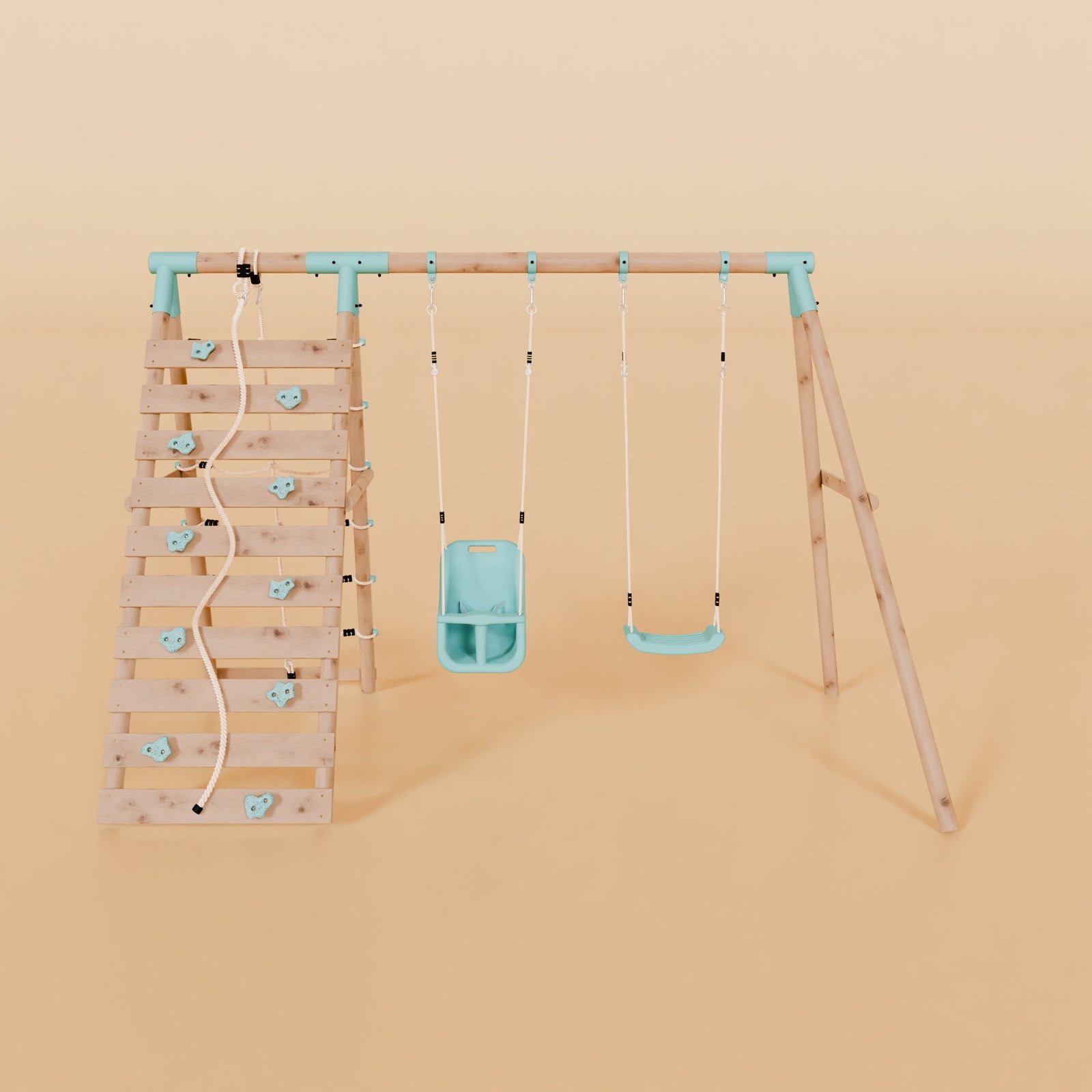 Double Wooden Swing Set With Baby Swing and Climbing Wall - Boulder Brook II - Image 3