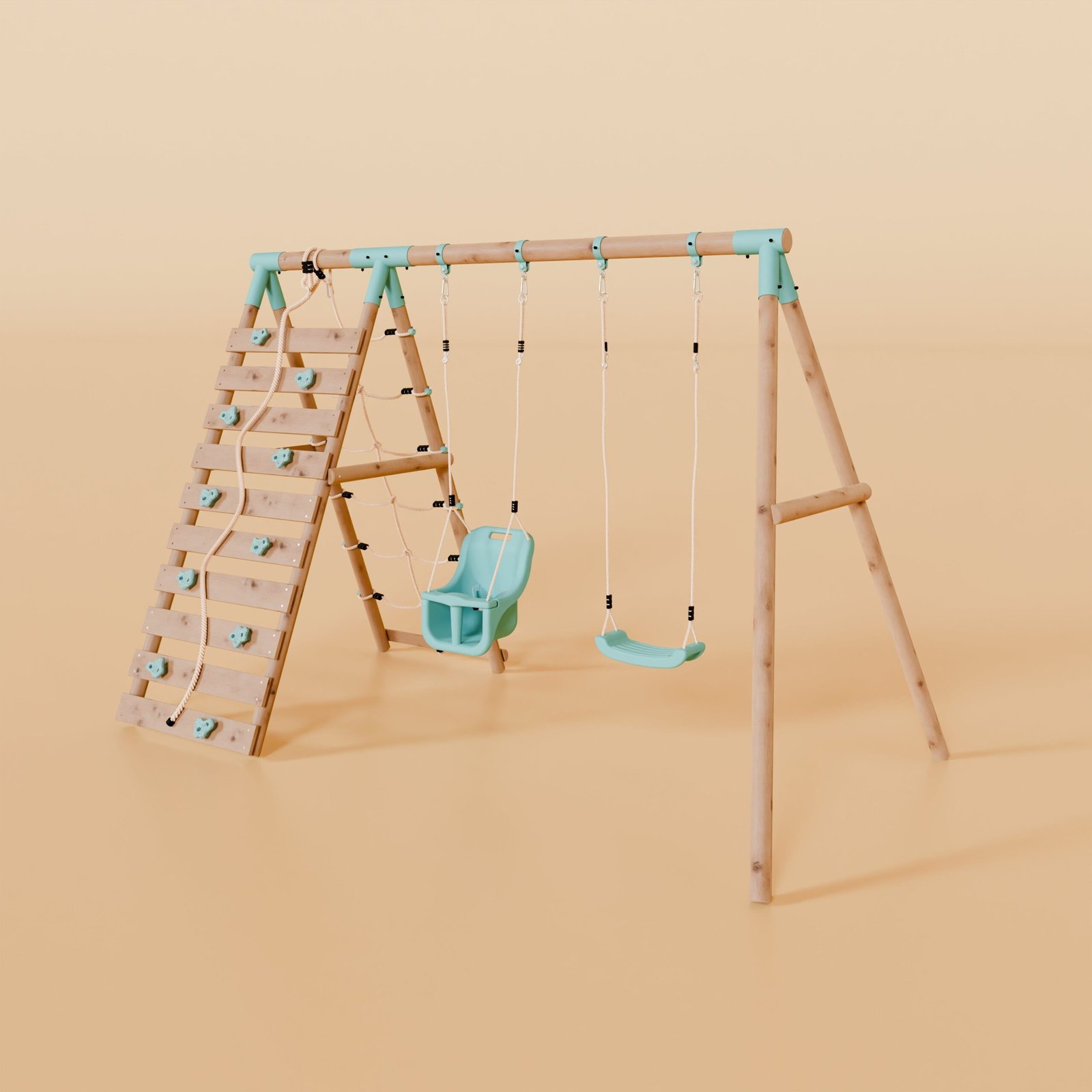Double Wooden Swing Set With Baby Swing and Climbing Wall - Boulder Brook II - Image 2