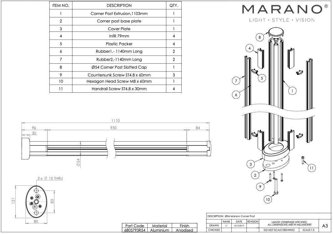 Marano Round Base Fix Corner Post 1100mm Aluminium Satin Anodised Finish - Image 3