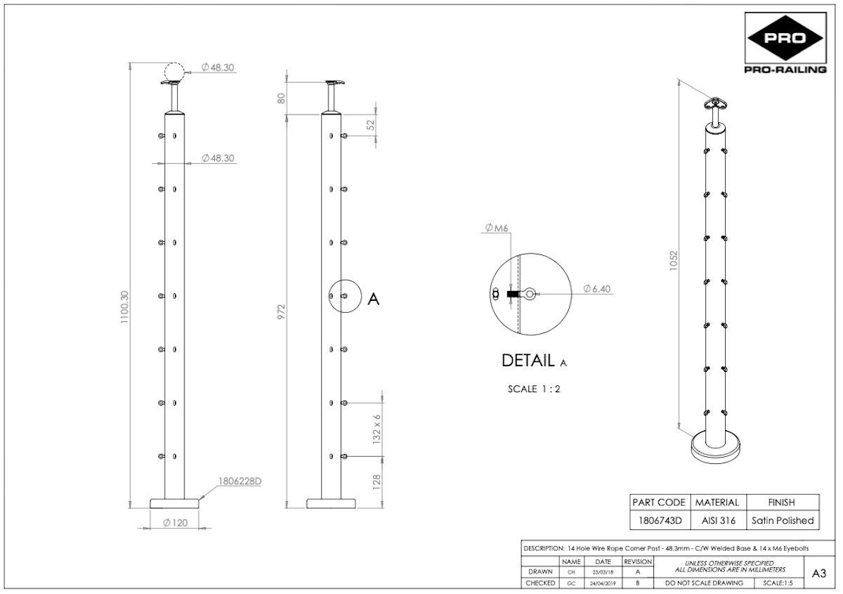 Wire Rope Corner Post C/W Base/Cover/Saddle & Eyebolts - 48.3mm -316l - Image 2